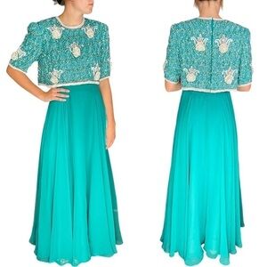VINTAGE RICHILENE 70S SILK CHIFFON BEAD EMBELLISHED AQUA FORMAL EVENING GOWN